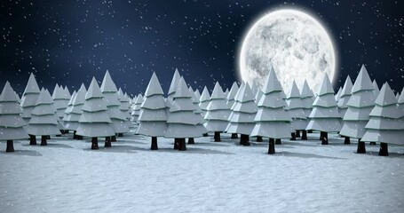 Poster - Animation of fir trees, full moon and snow falling