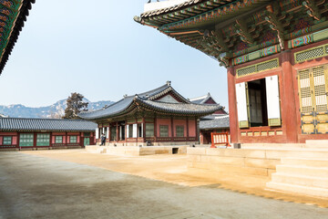 Wall Mural - Korean wooden traditional house with black tiles in Gyeongbokgung,  also known as Gyeongbokgung Palace or Gyeongbok Palace, the main royal palace of Joseon dynasty.