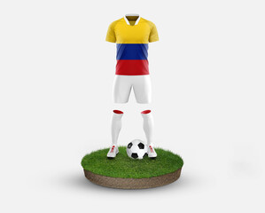 Colombia soccer player standing on football grass, wearing a national flag uniform. Football concept. championship and world cup theme.