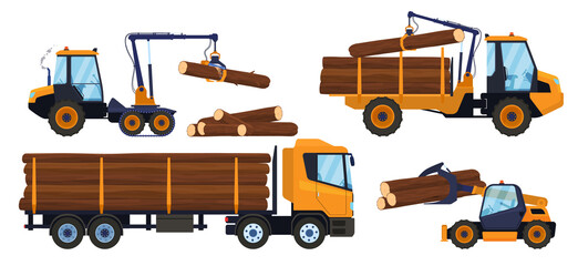 Woodworking industry. Transport for logging. Loading, timber transportation. isolated vector illustration