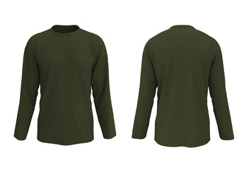 men's long-sleeve t-shirt mockup in front, and back views, design presentation for print, 3d illustration, 3d rendering