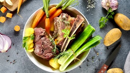 Canvas Print - pot au feu- beef stew with vegetable and broth