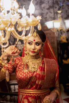 Portrait of very beautiful Indian bride looking at Chandelier. Classic vintage interior. Wedding fashion. (Soft Focus)