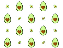 Vector Pattern Of Halved Avocado. Half Avocado Pattern With Brown Heart Shaped Bone