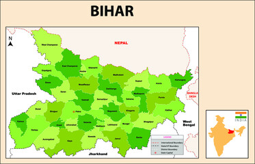  Bihar Map.Political map of Bihar District. Bihar map with green color. Bihar map with border.
