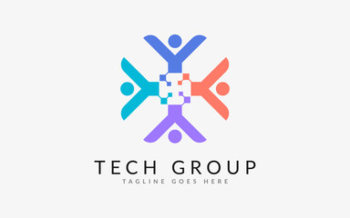Poster - Abstract People Group Tech Digital Logo Illustration. Flat Vector Logo Design Template.