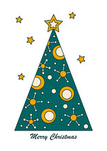 Decorated Christmas Tree . Stylized Space Stars, Planets, And Galaxies. Hand Drawn Vector Black Illustration On A White Background