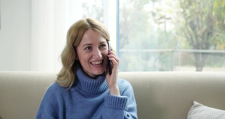 Poster - Beautiful woman answering incoming call and talking on phone at home