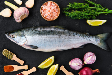 Wall Mural - Red salmon on black concrete background