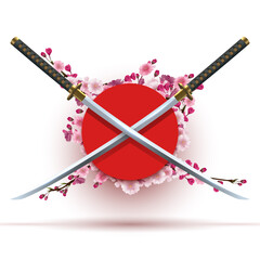 Two crossed katana on circle red background