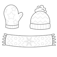 Wall Mural - Trace and color hat, mitten and scarf. Handwriting practice for kids. Set of winter clothes, isolated on white background