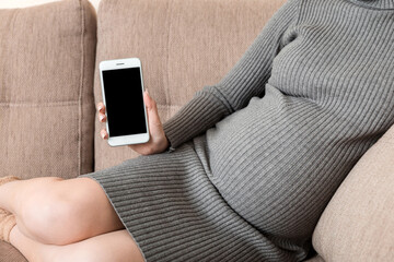 pregnancy with modern technologies.Pregnant woman showing cellphone with empty displayon sofa at home