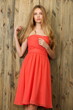 © Alexander - beautiful slender blonde girl in a light red dress near a wooden wall