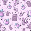 © Dana - Purple occult seamless pattern with different magic objects. Repetitive background with tarot cards, liquid bottles and amethysts.