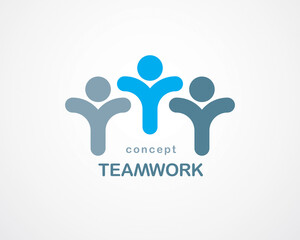 Wall Mural - Teamwork and friendship concept created with simple geometric elements as a people crew. Vector icon or logo. Unity and collaboration idea, dream team of business people blue design.