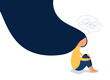 © LAONG - Woman in depression with bewildered thoughts in her mind. Young sad girl sitting and unhappy hugging her knees, vector illustration for graphic, flat design style minimal