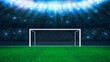 Football stadium penalty spot view with empty goal and cheering fans on background. Digital 3D illustration for sport advertising.	
