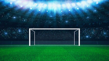 Football Stadium Penalty Spot View With Empty Goal And Cheering Fans On Background. Digital 3D Illustration For Sport Advertising.	
