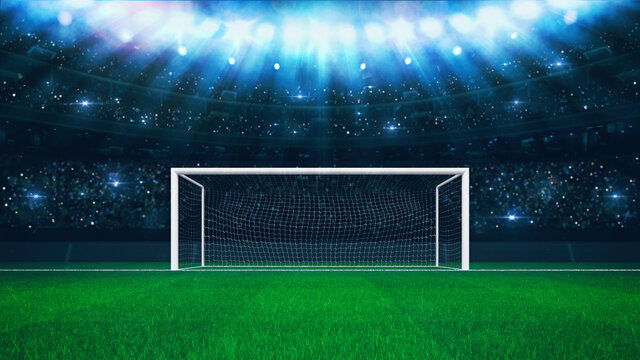 Wall Mural -  - Football stadium penalty spot view with empty goal and cheering fans on background. Digital 3D illustration for sport advertising.	
