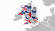 A syringe and two bottles of COVID-19 vaccine on UK map. Covid vaccination in Great Britain. 3d illustration