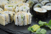 Cucumber And Avocado Sushi Rolled In Seaweed And Yuba Skins