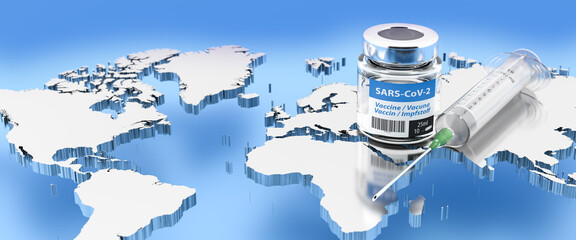 Wall Mural - Concept: The world is waiting for a vaccine against SARS-CoV-2 / Covid-19: A bottle of vaccine and a syringe on top of a world map. Web banner size