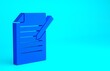 © Kostiantyn - Blue Document and pen icon isolated on blue background. File icon. Checklist icon. Business concept. Minimalism concept. 3d illustration 3D render.