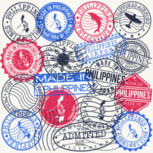 Philippines Set Of Stamps. Travel Passport Stamp. Made In Product. Design Seals Old Style Insignia. Icon Clip Art Vector.