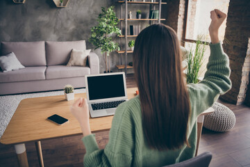 Sticker - Back side photo of hooray girl work from home hand fists look laptop wear green shirt indoors