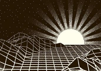 Poster - Retro dotwork landscape with 80s styled sun rays, laser grid and stars background from old sci-fi book or poster