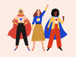 © nadzeya26 - Super team. Vector illustration in flat style of three ordinary women in casual clothes with attributes of super heroes: mask, cloak and bracelets. Isolated on background