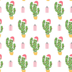 Wall Mural - Seamless pattern with cute Christmas cactus. Vector