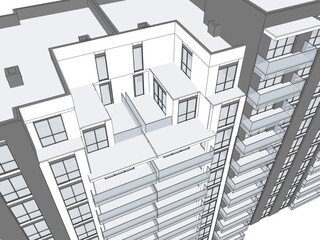 Poster - 3D illustration of a residential block close up. Architectural perspective looking down. Dark grey and white walls, glass paraphet on balconies.