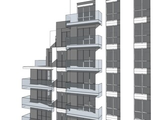 Poster - Partial 3D illustration of a residential block with shadows. White walls and glass parapets. 