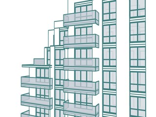Poster - Abstract partial 3D illustration of a residential block. White walls with colored thick outlines on white background.