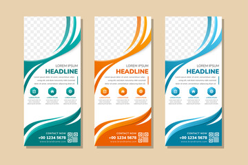 Poster - abstract banner template design with quarter circle space for photo. vertical layout use modern wave