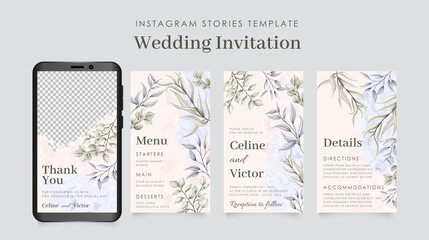 Wall Mural - Instagram stories template wedding invitation with beautiful abstract leaves background
