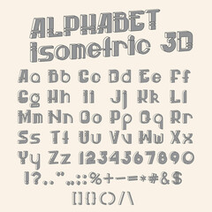 Fototapete - Vector isometric 3d font. Grayscale collection of letters, numbers and punctuation marks