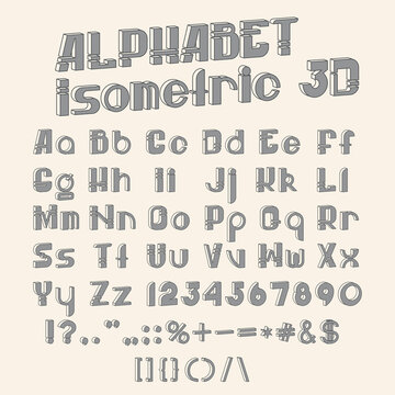 Vector isometric 3d font. Grayscale collection of letters, numbers and punctuation marks