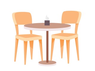 Cafe table with two chairs, interior design elements. Two wooden chairs, table with paper tissues in box vector illustration. Furniture design in restaurant or cafe on white background