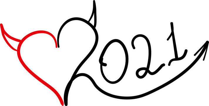 Lettering design element, handwritten, isolated for 2021 calendar. Heart with horns
