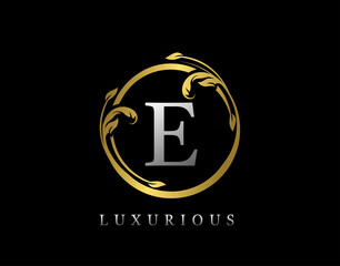 Wall Mural - Luxury Circle Letter E Floral Design. Vintage Gold E Swirl Logo Icon.