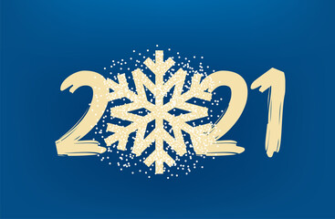 Poster - 2021 new year. Golden snowflake with confetti on red background