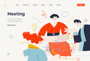 Business topics - project collaboration, web template. Flat style modern outlined vector concept illustration. A group of people working on the project drawing it together. Business metaphor.