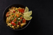 Asian Khao Pad Kung Fried Rice With Vegetables, Meat, Egg, Fresh Cucumbers And Tomatoes