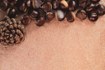 Canvas Print - Top view of chestnuts with a pine cone on a corkboard