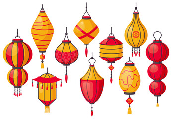 Wall Mural - Oriental traditional lantern. Chinese paper lanterns, asian street decoration, chinatown lanterns. Traditional paper lamp vector illustrations. Red and yellow festival lights, cultural elements