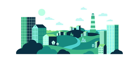 Town with wild nature and urban glass buildings. Eco city landscape with green lawns and hills, water tower and houses. Green energy and eco friendly city background vector illustration