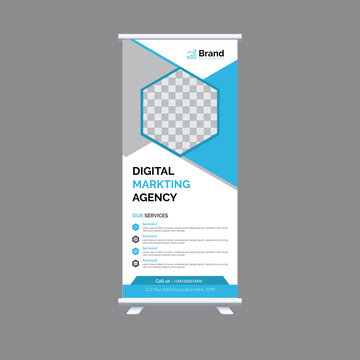 Rollup banner design with Hexagon shapes for marketing agency