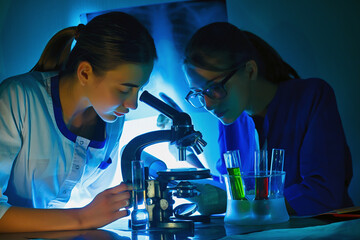 Student girl looking in a microscope, science laboratory concept. Two beautiful schoolgirls doing experiment together in the laboratory.